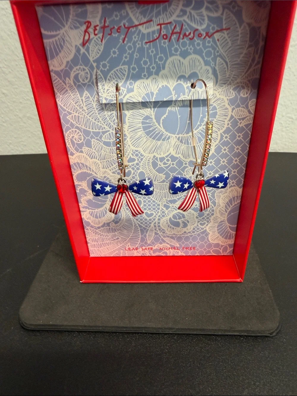 Betsey Johnson | 4th Of July Americas Birthday Rhinestone Bow Earrings 🇺🇸
